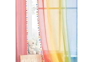 NICETOWN Cortinas Dormitorio con Pompons de Colores Visillos Cortos para Ventanas Cortinas Transparentes con Degradado de Arco Iris Cortinas Infantiles Niña, 132x160 cm(AnchoxAlto)