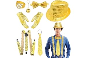 RoserRose Glitzer Outfit Herren, Kostüm Disco, Accessoires Mit Krawatte Hut Fliege Hosenträger, Glitzeranzug für Karneval Fasching Dance Performance