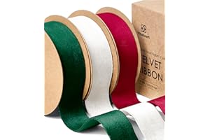 Vitalizart Cintas de Terciopelo Verde & Blanco & Rojo 2,5 cm x 13,7 m, Cinta de Terciopelo de Doble Cara para Envolver Regalos, Adornos Navideños, Decoración de Coronas, Confección de Lazos