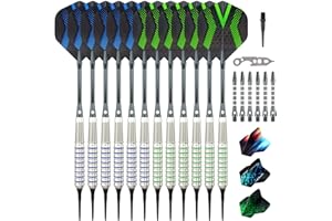 Grebarley Lot de 12 fléchettes avec Pointe en Plastique pour Cible de fléchettes électronique, 18 g, Tige en Aluminium avec 9 ailettes, 50 Pointes, 20 oring