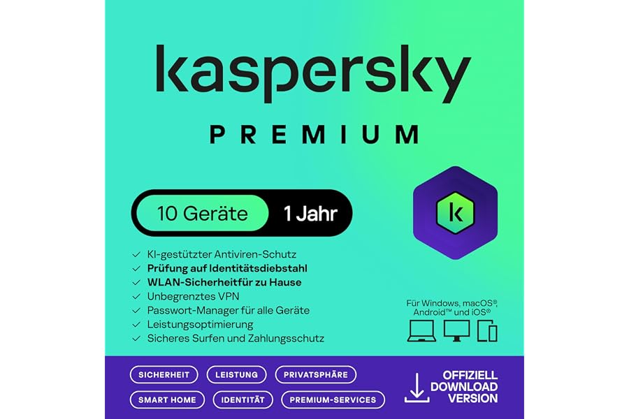 Kaspersky Premium Total Security 2025 | 10 Geräte | 1 Jahr | Anti-Phishing und Firewall | Unbegrenzter VPN | Passwort-Manager