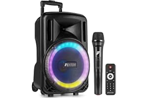 Fenton FT10LED MK2 10" Portable PA System with Wireless UHF Microphone, Bluetooth Party Speaker with LED Light, USB/SD MP3 Playback, Rechargeable Battery & Wheels, 450W