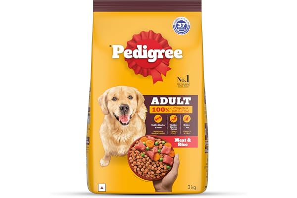 Pedigree Adult Dry Dog Food, Meat & Rice, 3 kg, Contains 37 Essential Nutrients, 100% Complete & Balanced Food for Adult Dogs