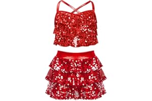 Miutii Kids Girls 2 Piece Sequins Camisole Crop Top with Skirt Ballet Modern Jazz Latin Dance Performance Costume