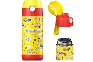 Jarlson Mali Butelka na wodę dla dzieci, termiczna butelka na wodę ze stali nierdzewnej, bez BPA, szczelna, butelka dla dzieci z pokrywką, do szkoły, przedszkola (pojazdy, 350 ml)