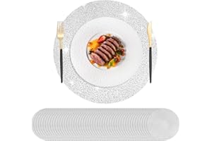 Hysenm 50 Pcs Disposable Silver Placemats Set Metallic 13 Inch Round Foil Mesh Pressed Table Doilies, Ultra-Thin Disposable Placement Mats for Home Decoration Dining Table Wedding Birthday Party