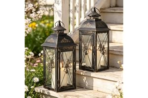 TRIROCKS Uppsättning av 2 vintage hängande lykta 34 cm dekorativ ljushållare i metall och härdat glas – perfekt för inomhus/utomhusevenemang, uteplats, trädgård, fester svart och guld borstfinish