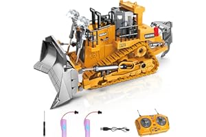 KIZJORYA Remote Controlled Bulldozer, 9 Channel RC Building Toy with Lights, Sound and Rechargeable Battery, Bulldozer Toy Gift for 6-12 Years Old Kids (2.4GHz)