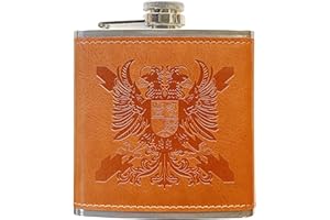 DURABOL Petaca de Acero Inoxidable 304 /Forrada en Piel(Marrón) Alcohol Personalizada para Hombres, Petaca 6oz/177ml, Camping, Senderismo, Bar, Fiesta, Barbacoa y Bodas (Cruz de Bolgoña con Águila Bicéfala)