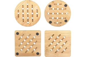 MEUKCEZ Set de 4 Salvamanteles Cocina de Bambú Resistente al Calor 15x15 cm, Soportes Posavasos Antideslizantes, Diseño Ecológico, Ideal para Ollas Calientes, Teteras, Platos 2 Redondos y 2 Cuadrados