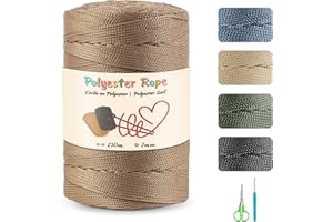 ESTCOO 250m Premium Fil Macramé Polypropylène,2mm Polypropylène pour Macramé Corde+1 Ciseaux+1 Crochet,Corde en 100% Polyester pour Ficelle Macramé de DIY Artisanat,Sac à Main,Décoration de la Maison,Brun
