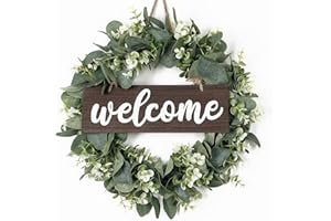 ‎SOMYTING SOMYTING Künstlicher Eukalyptus Kranz 40cm runder Kranz Haustür Türschild Kranz Türkranz mit hölzernen Willkommensschildern Girlande Wandbehang Frühlings Sommer-Kränze für Hochzeit Heimdekoration
