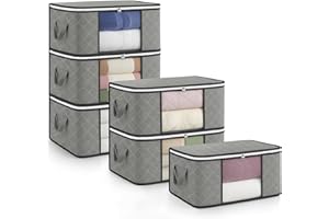 unycos - Cajas para Almacenaje de Ropa x 6【35L】 Bolsas Plegables con Ventana Transparente, Doble Cremallera y Asas Reforzadas, Organizador de Toallas, Edredones, Juguetes | Hasta 10 kg (Grey/Black)