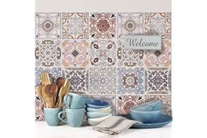 RE-COVERTILES - Autocollants Carrelage Salle de Bain et Cuisine 24 Pcs 10x10 cm - PS00058 Décoration Murale en carrelage mosaïque PVC imperméable Style Carreaux de Ciment Azulejos