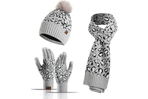 QKURT Women's Beanie Gloves Scarf Set, Winter Thermal Pom Pom Hats Mittens Neck Scarf Set for Ladies Girls Outdoor Wearing