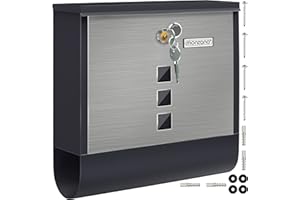 MONZANA® Briefkasten Kreuzschloss mit Kupfer-Schließzylinder drehbare Abdeckung 31x10x34 cm Sichtfenster Namensschild Zeitungsfach legierter Stahl 2 Schlüssel Postkasten Schwarz-Silber