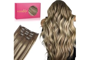 WENNALIFE Extensiones de Clip de Pelo Natural, 45cm 80g 5 Piezas Balayage Marrón Chocolate a Rubio Miel Extensiones de Clip Natural Remy Cabello Humano Extensiones Pelo Natural Extensiones de Clip