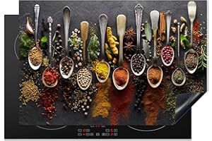 KitchenYeah© Protezione Piano Cottura Tappetino per Induzione 76x51 cm Cucina Proteggi Coprifornello Antiscivolo Spezie - Cucchiai - Calcestruzzo