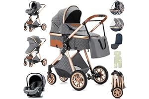 Zkiprm Passeggino 3 in 1, Trio Passeggino Neonati Con Seggiolino Auto e Cestino Per Dormire, Passeggino Leggero Che Si Ripiega Premendo un Pulsante, Passeggino Combinato Con Telaio Alto in Alluminio