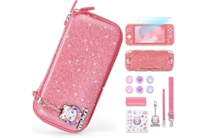 IA INNOAURA innoAura Switch Lite Accessories Set, 15-in-1 with Fashion Carrying Case, Screen Protector, Game Case & Cat Thumb Caps (Glitter Pink)