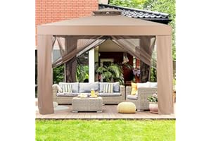 RELAX4LIFE Cenador 3x3m con Mosquitera, Lona Impermeable, Doble Dosel, UPF 50+, Cortinas de Malla Extraíbles con Cremallera, Patas Antideslizantes y Estacas de Tierra para Patio y Jardín (Marrón)