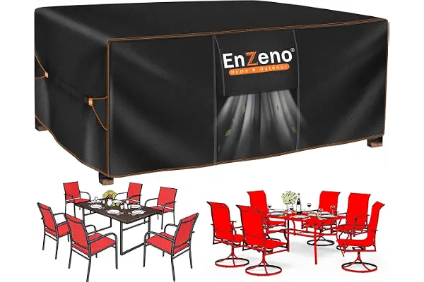 Enzeno Funda Mesa Exterior Impermeable,Funda Muebles Exterior Impermeable 150x90x74cm,Funda Conjunto Jardin Exterior Aplicable a Mesa y Sillas,Anti Viento, Anti UV