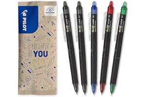 PILOT - Lot de 5 FriXion Point Clicker 0,5 - Stylo rétractable à encre thermosensible effaçable - 2 Noirs, Bleu, Rouge, Vert - Stylo rechargeable - Pointe fine