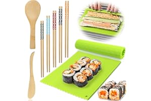 BHHTBB Kit Sushi Maki Tapis à Sushi en Silicone Sushi Maker, Natte Sushi Réutilisable Avec Baguettes Couteau Japonais Cuillère à Riz pour Cuisine, Débutants, Professionnels