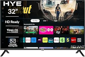 HYE 32 inch Smart TV with HD Ready display, frameless design, WiFi, Bluetooth, Samsung Tizen OS, Gaming Hub, TV streaming apps & HDMI connectivity – 32HDS1008