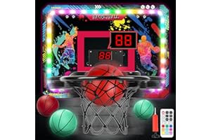 Cheffery Bewegliches Basketballkorb Indoor, Mini Basketballkorb fürs Zimmer Tür mit Fernbedienungen, Leuchtend Bällen, Anzeigetafel, 10 Farben Lichter, Basketballbrett Kinder für Jungen Mädchen