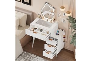 MSFE Toaletka z lustrem, oświetleniem LED, 3 kolory, regulowana jasność i temperatura barwowa, 4 szuflady, szklany blat, listwa zasilająca, do sypialni, 80 x 40 x 128 cm