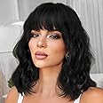 Nnzes Black Wavy Wigs with Bangs Women’s Short Black Bob Wig Synthetic Natural Looking Heat Resistant Fiber Hair