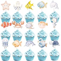 24 Topper Per Torte Cresima - Motivi Pesce E Eucalipto, 4,5 Cm, In Carta Naturale, Con Bastoncini E Adesivi, Decorazione Per Cupcake E Muffin, Regalo Personalizzato