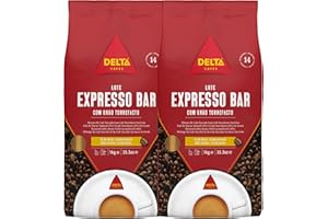 Delta Cafés - Café en grains d'espresso Bar - 2 paquets de 1 kg - Intensité 14 - Mélange de grains de café arabique et robuste avec torréfaction naturelle - Très aromatique avec goût de popcorn et