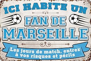 LUCKYLINDE Plaque décorative en tôle résistante aux intempéries pour les fans de football, ici habite un fan de Marseille – Plaque murale, plaque de porte, plaque de portail, inscription amusante de football (20