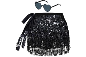 WEROWNSGSO Glitzer Rock Damen Fransen Rock Glitzer mit Hippie Brille Mini Latein Rock Kurz Bauchtanz Kostüm Rave-Kostüm für Frauen Mädchen