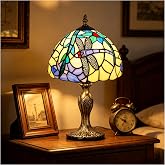 Stained Glass Table Lamp, Vintage Bedside, 37x20.8cm, Dragonfly Flowers | Vintage Retro Handmade Stained Glass Screen for Bed