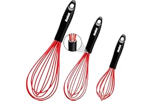 Anaeat Silikon-Schneebesen, 3er-Set, dicker Edelstahldraht innen – hitzebeständige Küchen-Schneebesen für antihaftbeschichtetes Kochgeschirr, Ballon-Schneebesen zum Schlagen, Mixen, Schlagen (Rot)
