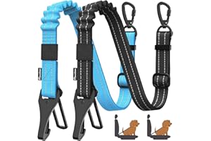 Pawaboo 2Pack Dog Seatbelt for Car, 3-in-1 Dog Car Seat Belt Bungee, Shockproof Dogs Tether with Buckle & Hook Latch, Adjustable Reflective Dogs Cars Harness Leash with 360° Lockable Buckle, Blue