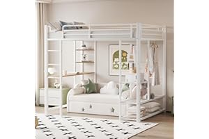 Dolamaní Łóżko piętrowe 90 x 200 cm, z biurkiem i regałem, dla młodzieży i dorosłych, nośność 120 kg, metalowe łóżko ze stelażem ze stelażem, stabilne i otwarte miejsce do zawieszenia, białe