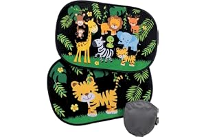 HECKBO 2 x bilsolskydd med 8 sugkoppar - djungeldjur motiv - 48 x 31 cm - bilfönster sidofönster solskydd bilsolskydd sidorut