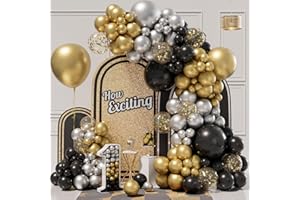 CONLEKE Black and Gold Balloon Arch Kit, 152pcs Black Gold Balloon Arch Garland Kit with Black Gold Silver Balloons Gold Confetti Balloon for Retirement Wedding Graduation New Year Birthday Party Decoration