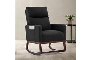 Aunekiv Nursing Rocking Chair, High Back Linen Nursery Rocking Chair for Adults, Nursery Armchair with Side Pockets and Wood Base for Living Room Bedroom, Black