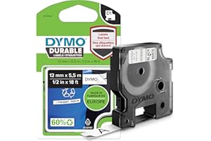 DYMO D1 cinta de etiquetado resistente para LabelManager rotuladoras, cinta con impresión en negro y fondo blanco, 12 mm de ancho x 5,5 m de largo (1978364)