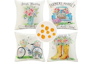 CHEEKYWARES Fundas de Cojines de Sofas 45x45cm Primavera Flores Patrón Funda de Almohada Decorativas Cómodas Impermeable Cuadrado Funda de Cojín para Sofas Cama Salon Hogar Jardin Bancos Exterior Juego de 4