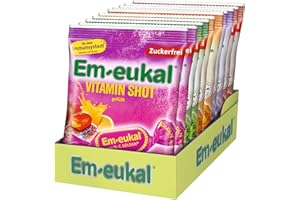 ‎EM-EUKAL Em-eukal Lieblingssorten Mix Pack – 5 Sorten Hustenbonbons zuckerfrei und zuckerhaltig mit Vitamin C, Honig, Eukalyptus, Wildkirsche & Frucht – 10 x 75g, 2 Beutel pro Sorte