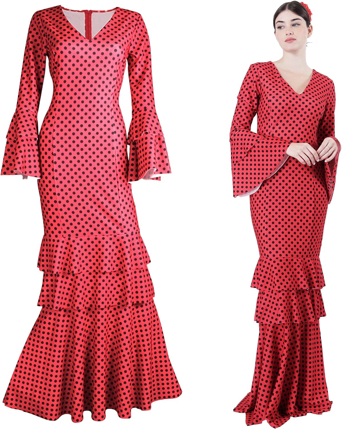 Vestido sevilliana Disfraz de Flamenca para Mujer, Traje de Sevillana Gitana Andaluz con Lunares Ideal para Feria de Abril y Carnaval