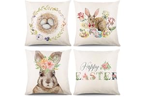 KIKISML Easter Cushion Covers 18x18 Inch, Set of 4 Cotton-Linen Spring Throw Pillowcase, Cushion Cover for Home Decor, Easter Decorations (Bunny Style)