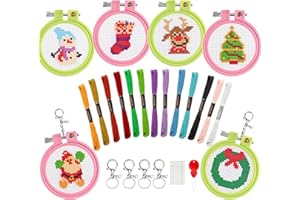 GUKASXI Juego de 6 piezas de punto de cruz para principiantes para niños, kit de costura con bonitos patrones de Navidad, instrucciones y llavero para manualidades, mochila y adornos