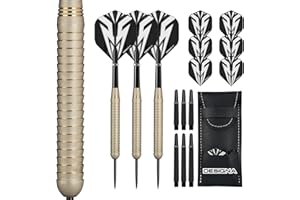 DESIGNA DARTS Mako | Juego de dardos de latón con punta de acero con barril recto que incluye 6 vuelos estándar, 6 tallo, tarjeta de salida y caja de almacenamiento